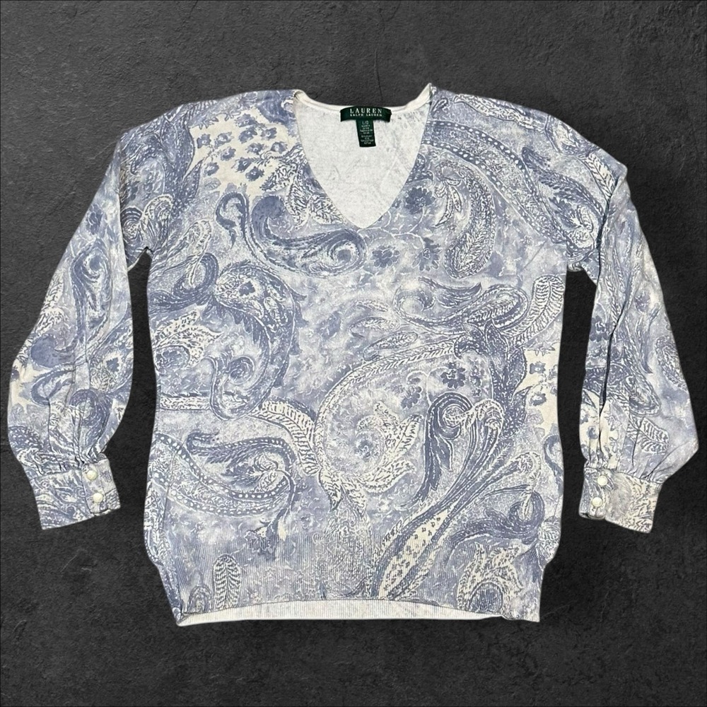 Lauren Ralph Lauren.  Blue and White Paisley V-Neck Sweater.  L . VGUC